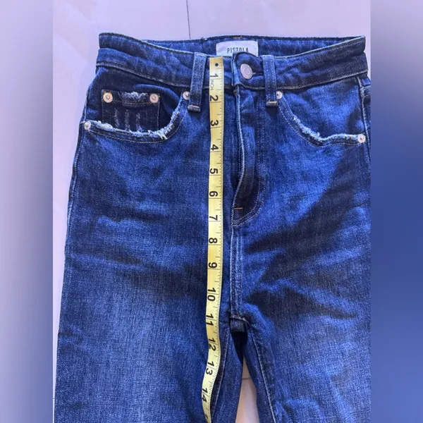Pistola baggy jeans, dark denim, distressed high waist zip bottom size 23 - Image 12