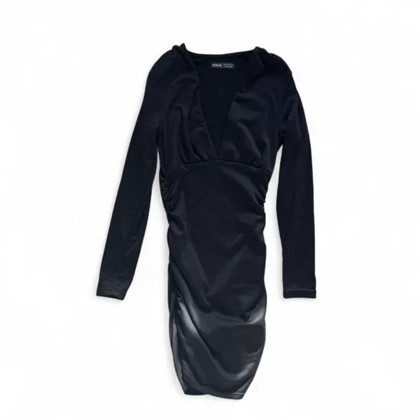 Black Deep V-Neck Ruched Long Sleeve Bodycon Dress – Size XS - Image 2