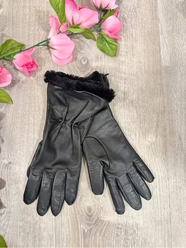 Fownes Vintage Black Leather Faux Fur Trim Long Gauntlet Gloves XL Quiet Luxury - Image 9