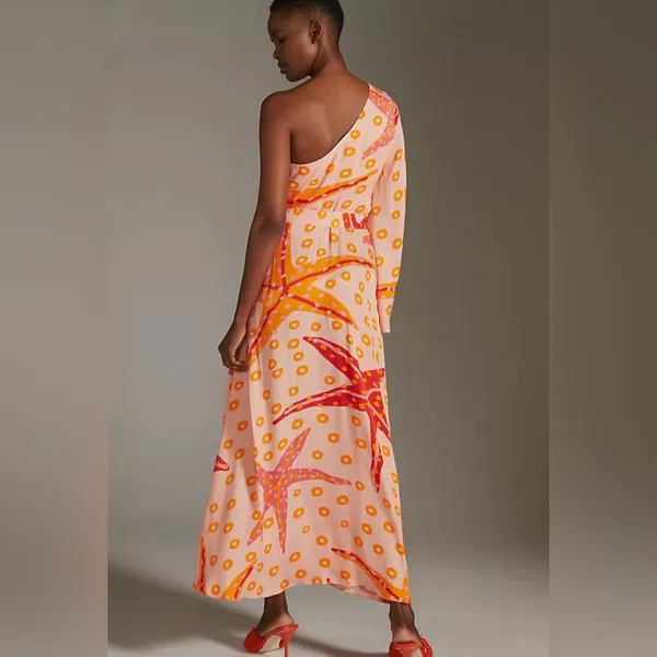 Farm Rio Summer One Shoulder Star Fish Orange‎ Midi Dress Resort Beach Vacation - Image 2