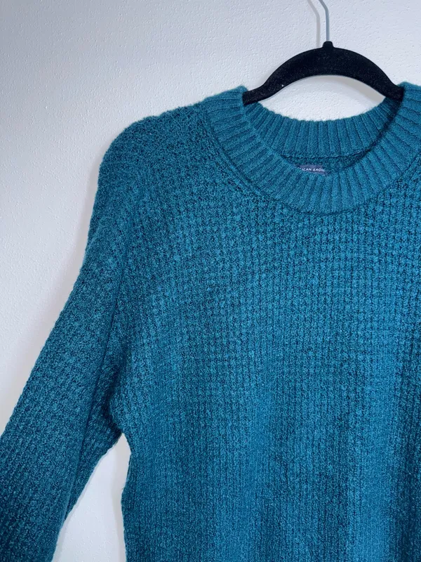 American Eagle Cloudspun Oversized Sweater Dark Teal Waffle Knit - Image 3