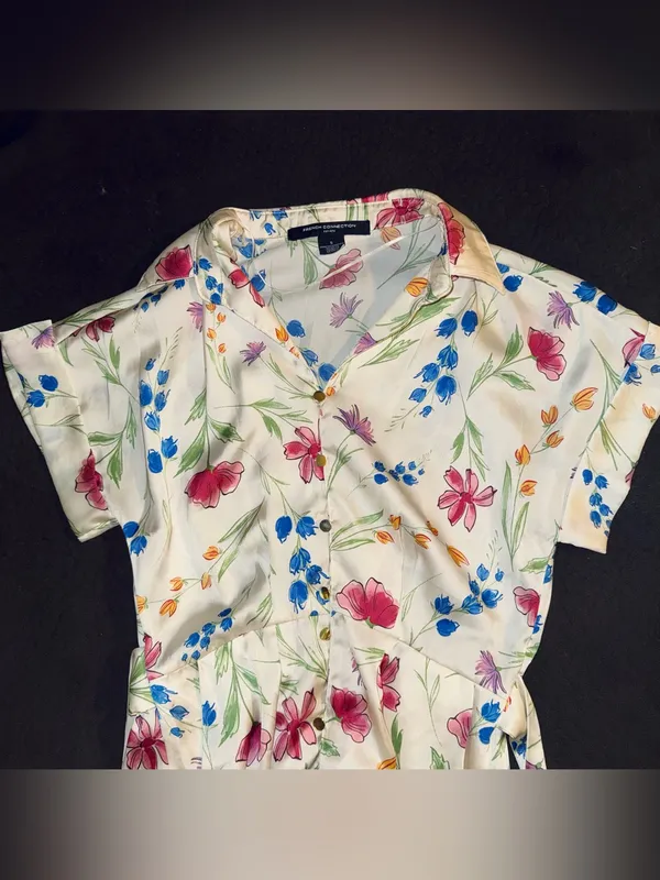 French Connection Women's Cream White Floral Print Short Sleeve Dress Small - Image 4