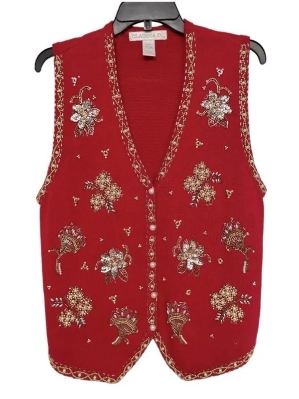 VTG Claudia D Beaded Sweater Vest Red Floral Pearl Embellished Large - Image 2