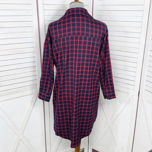 Zara Plaid Beaded Collar Oversized Pullover‎ Tunic Shirt Dress Red Blue XS - Image 6