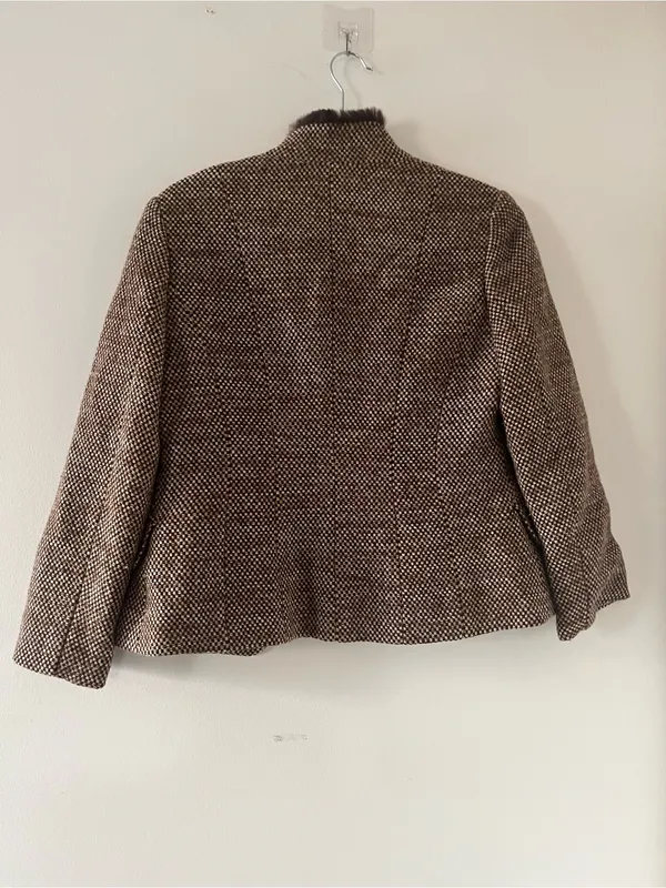 Brown Wool Tweed Blazer Fur Collar Medium Preppy Academia Equestrian Old Money - Image 8