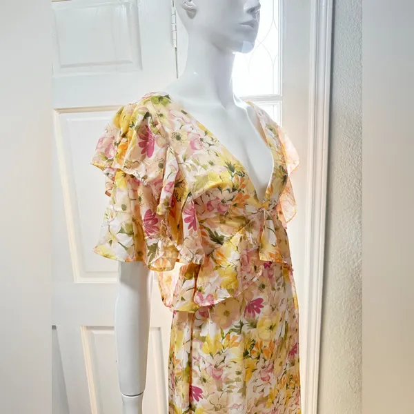 Vici Yellow Ruffle Sheer Maxi Chiffon Floral Maxi Dress Size Large J-51 - Image 4