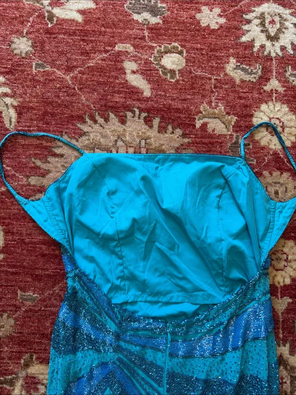 Teal & Blue Ruched Spaghetti-Strap Evening Gown - Image 9