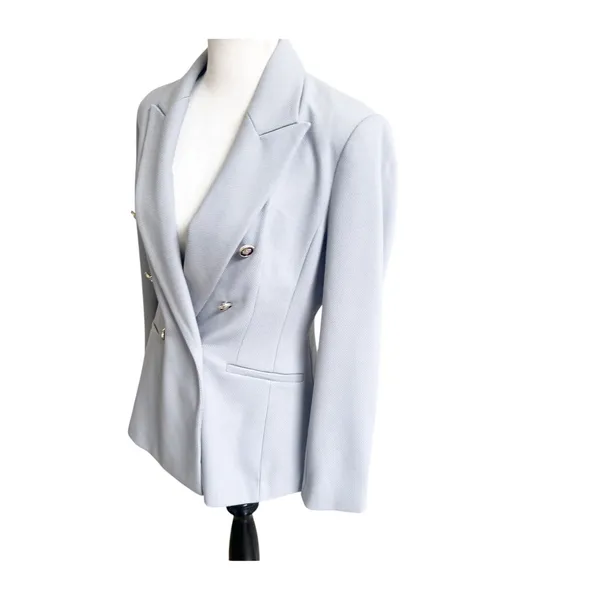 Zara Blazer Women Medium Blue Textured Double Breasted Military Button Formal - Image 3