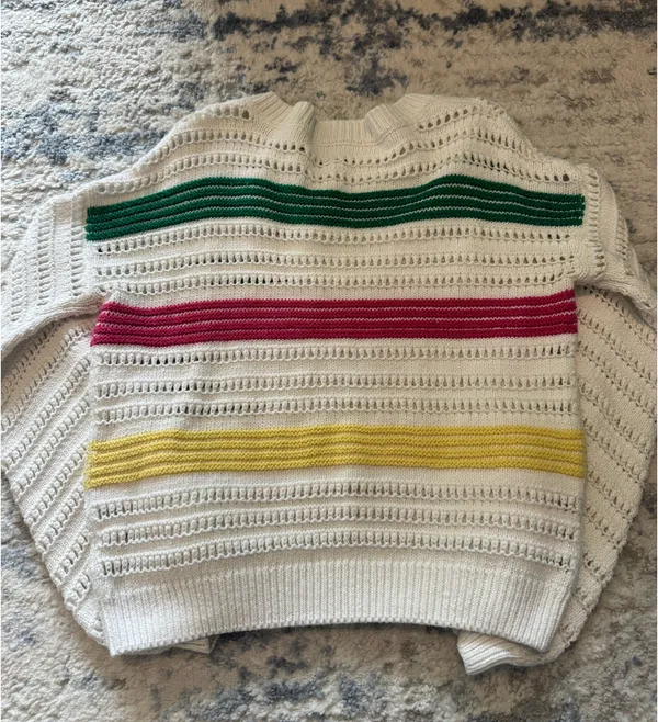 Willow & Clay White Knit Sweater with Green, Pink & Yellow Stripes - Image 6