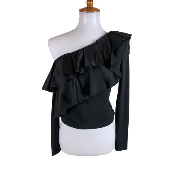 Alice Olivia Black One Shoulder Ruffle Party Going Out Crop‎ Top 6 - Image 2