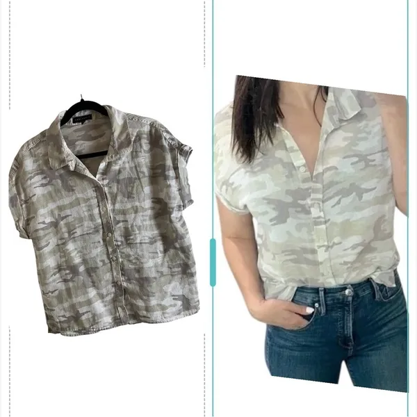 Sanctuary Camo Linen Blend Button Down Short Sleeve Shirt Large - Image 10