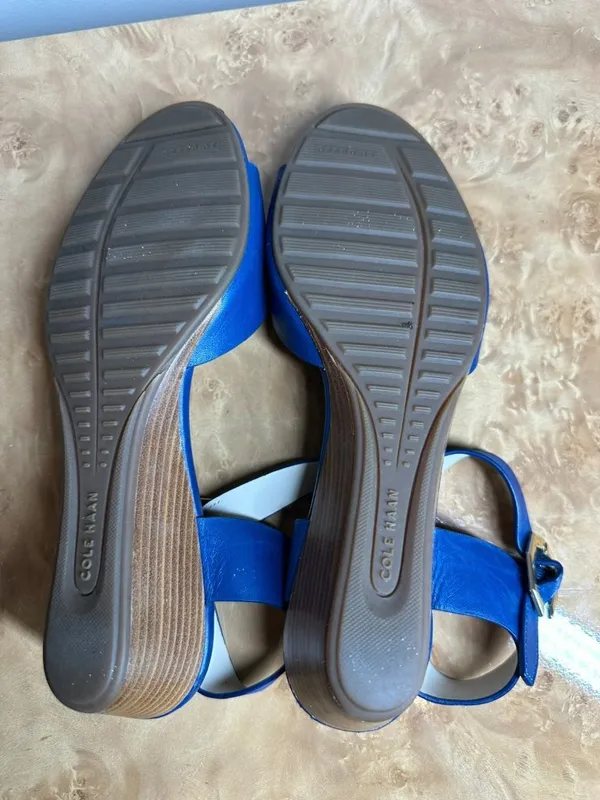 Cole Haan Grand.OS Blue Leather Ankle Strap Wedge Sandals Size 6B - Image 7