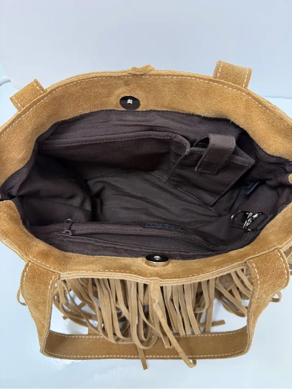 Suede Leather Fringe Shoulder Bag Tan - Image 6