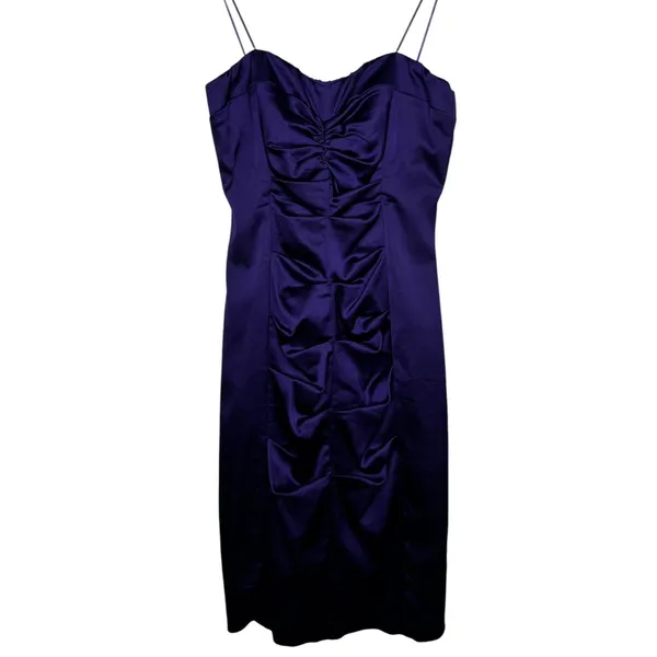 Vintage 1990s Cache Purple Satin Ruched Strapless Mini Dress XS - Image 2