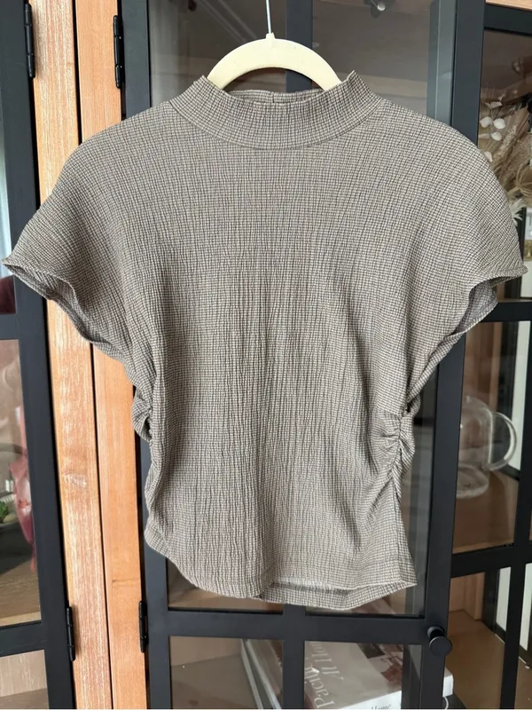Zara ruched top textured gathered mock neck short sleeve neutral taupe - Image 2