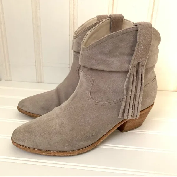 Joie Taupe Suede Fringe Western Ankle Boots Stacked Wood Block Heel 'Keaton' - Image 7