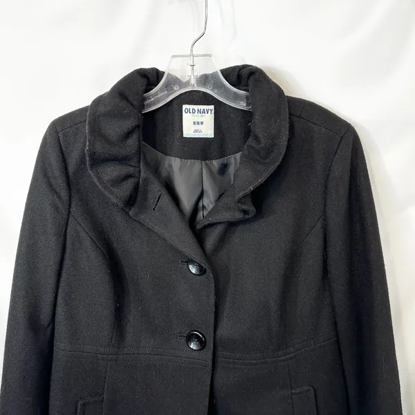 Old Navy Medium Coat Wool Black‎ Ruffle Collar Jacket Womens Pockets Pea C - Image 3