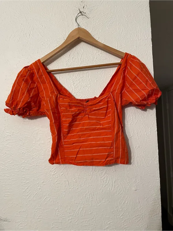 Free People Orange Striped Puff-Sleeve Square-Neck Crop Top - Image 2
