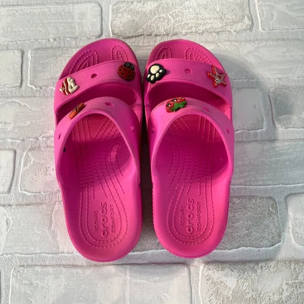 Crocs Classic Sandals Womens 7 Men 5 Pink Charms Two Double Strap Bright Comfort - Image 5