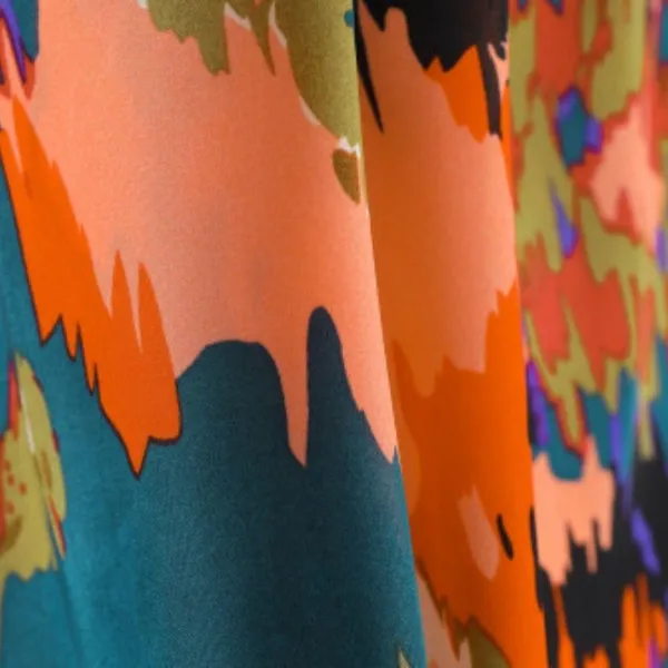 NEW Deep Turquoise Abstract Multicolor Print Belted Ruffle Satin Mini Dress - Image 11