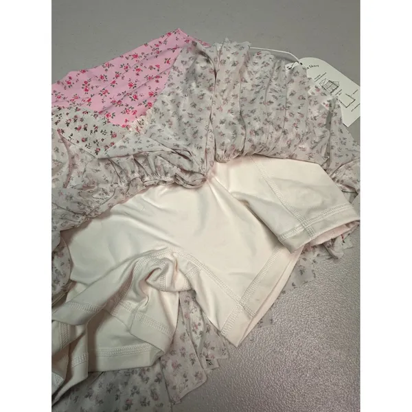 Blogilates Ballerina Skort Floral Tiered Mesh Skirt with Pockets Pink Cream M - Image 7