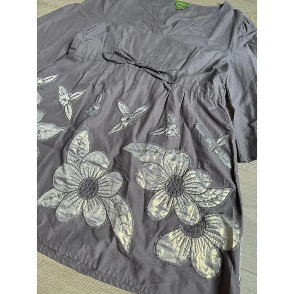Vintage Femme tunic drawstring waist cotton embroidered flowers brown size L - Image 4