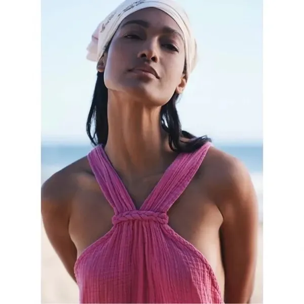 Anthropologie Pink Braided Halter Neck Sleeveless Mini Cami Beach Summer Dress S - Image 3