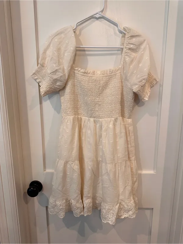 American Eagle Outfitters Cream Smocked Tiered Dress with Puff Sleeves - Image 3