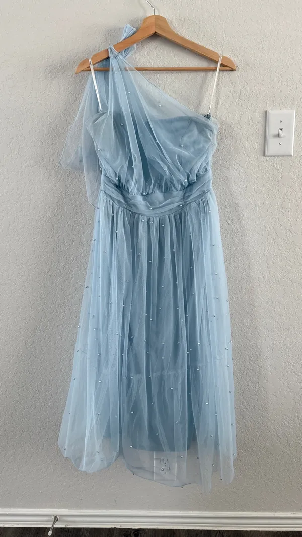 Altar'd State Arula x The Xquisite Ciel blue One Shoulder Pearl Tulle Midi Dress - Image 2
