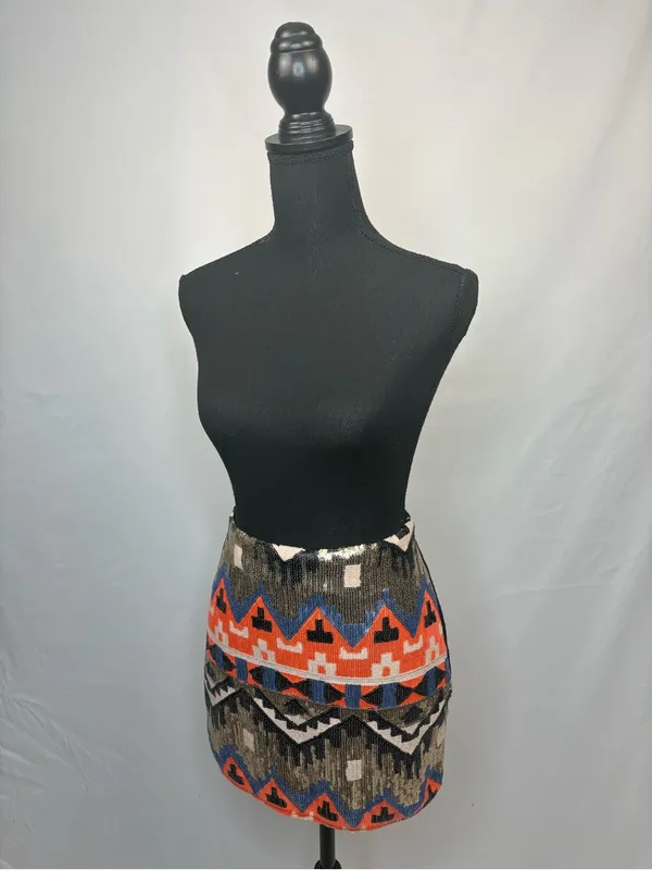 Forever 21 Sequin Mini Skirt Black Multicolor Aztec - Image 3
