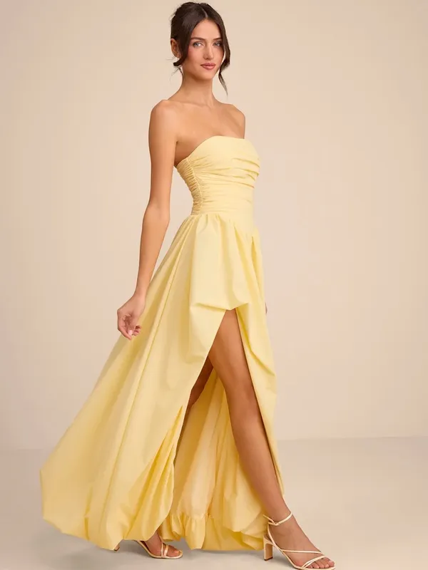 NWT Lulus Marilou Light Yellow Strapless Ruched Lace-Up Maxi Dress - Image 4