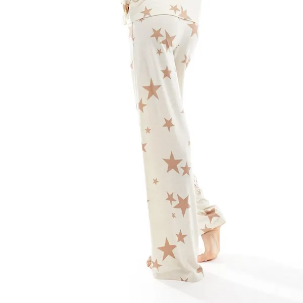 ASOS‎ DESIGN Tall Star Print Pajama Pants Cream Brown Wide Leg Lounge US 12 - Image 2