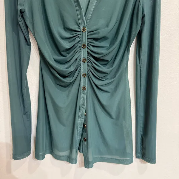 Free People Teal Sheer Mesh Ruched Button Front Long Sleeve Top Sz M - Image 4