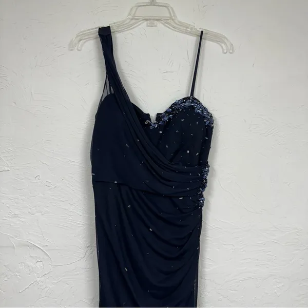 Xscape Blue Beaded One Shoulder Maxi Formal Dress Womens 12 Ruched Bridesmaid - Image 3