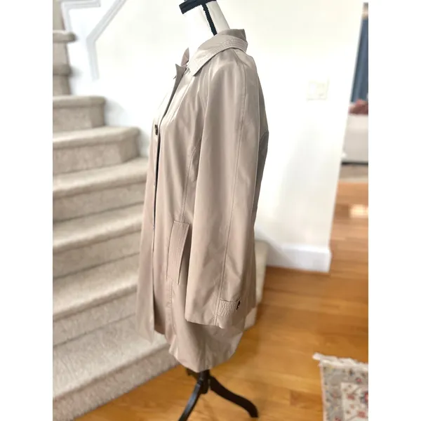 London Fog Tan Khaki Button Front Black Plaid Lined Trench Coat - Image 3