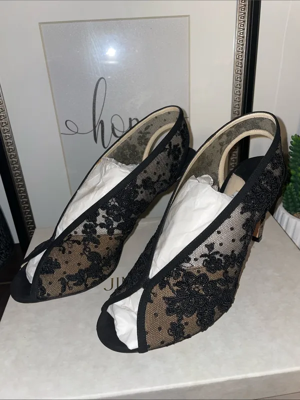 Jimmy Choo Shar 85 Black Floral Lace Peep-Toe Heels Size US 9 / EU 39 MSRP $1200 - Image 5