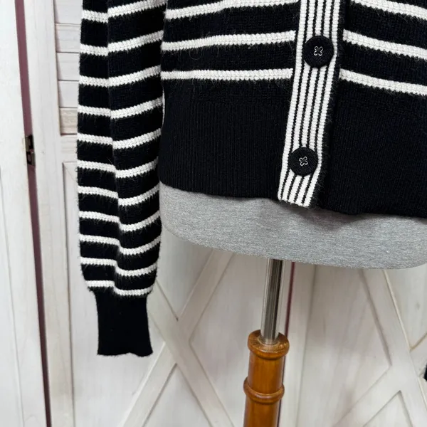 Bagatelle Collection Striped V Neck Cardigan‎ Sweater Black White Small - Image 6