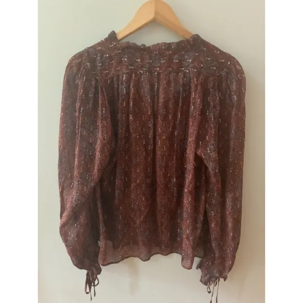 PAIGE Anthropologie Women’s M Burgundy Metallic Print Sheer Ruffle Blouse - Image 3