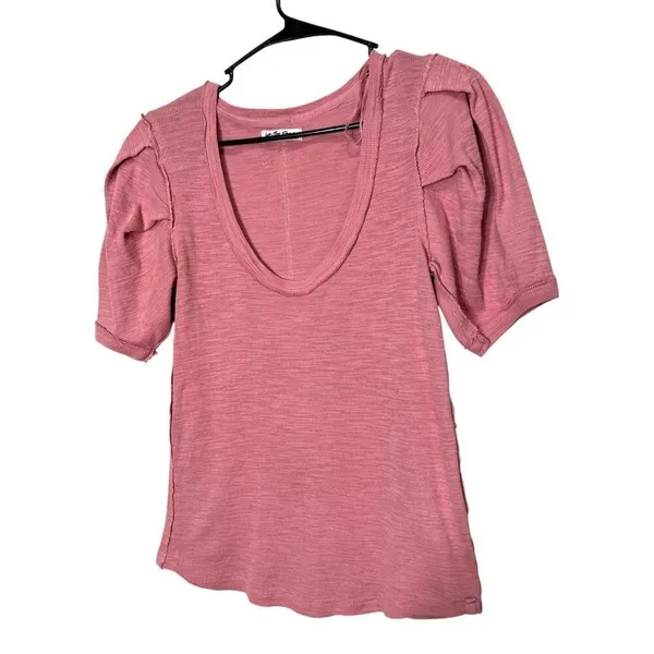 Free People Rose Pink Ribbed Scoop Neck‎ Puffed Short Sleeve Top L - Image 2