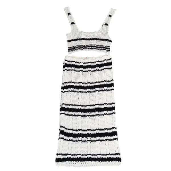 Free People Beach Crochet Set Women Medium Ivory Black Good Striped 2-Piece - Image 3