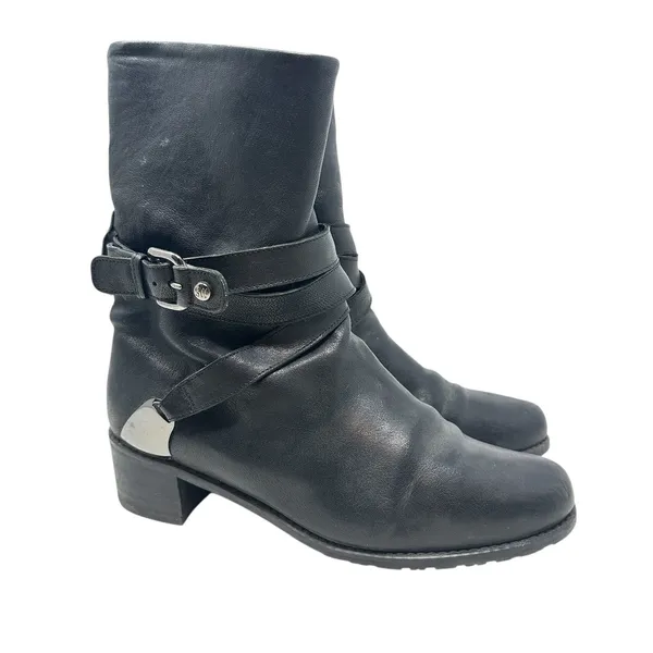 Stuart Weitzman Ranch‎ Dressing Boots Moto Buckle Leather Black Size US 6 - Image 3