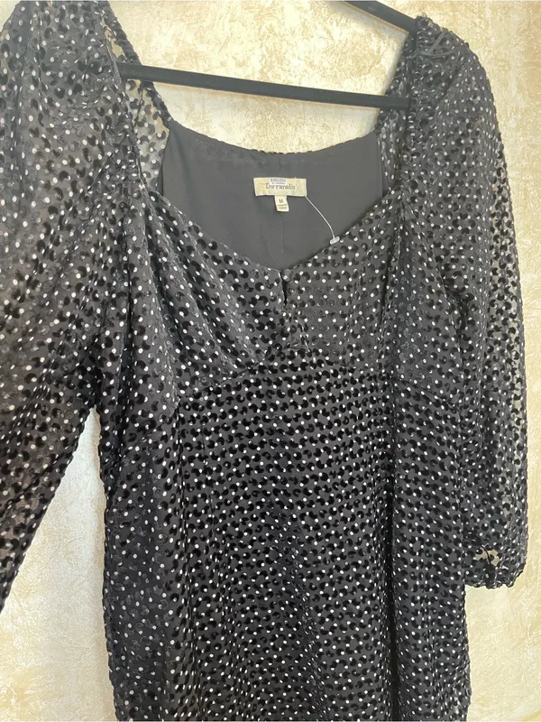 Du Paradis Black Velvet Dot Sheer Sleeve Square Neck Party Dress Size M - Image 3