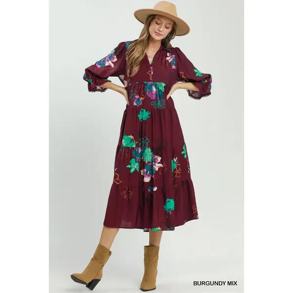 Umgee Floral Print Tiered Midi Dress with Puff Sleeves‎ - Burgundy - Small - Image 4