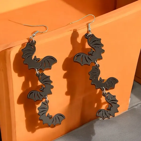 Cute‎ 3 Black Bat Design Long Dangle Earrings Cute Party Style Acrylic Halloween - Image 6