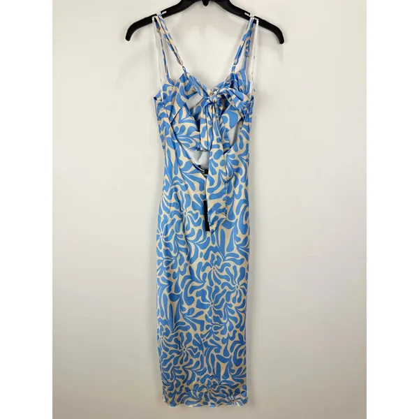 Lulus Midiana Light Blue Abstract Floral Tie Back Midi Dress Party Satin XS NWT - Image 7