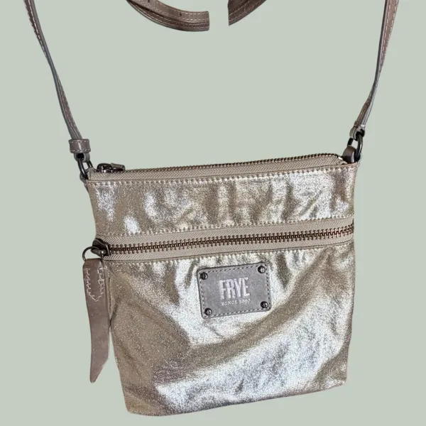 Frye Crossbody Bag Women Small Gold Metallic Canvas Leather Trim Industrial Glam - Image 2
