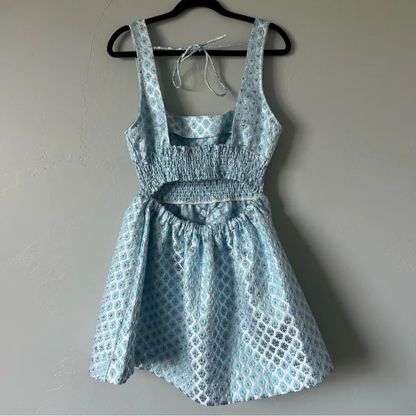 Tuckernuck Hill House Cher Dress Snowflake Brocade Mini Blue Large - Image 5