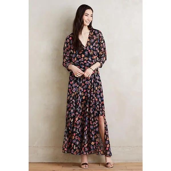 Anthropologie HD In Paris Varina Black Floral Sheer Maxi Dress Womens 4 OB483345 - Image 3