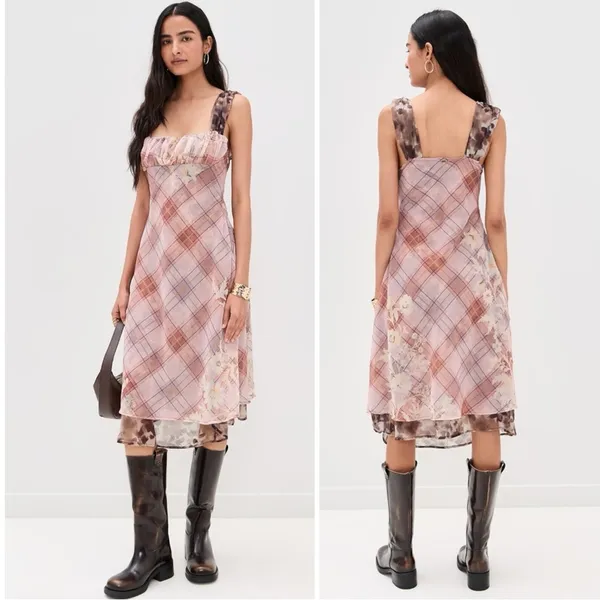 Free People Femme Grunge 90s Y2K Morning Dew Plaid Floral Midi Slip Dress Large - Image 8