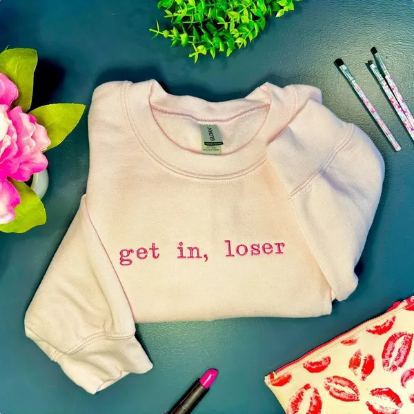 Gildan Get In Loser Medium Sweatshirt Mean Girls Crewneck‎ Pullover Pink Solid Minimal - Image 6